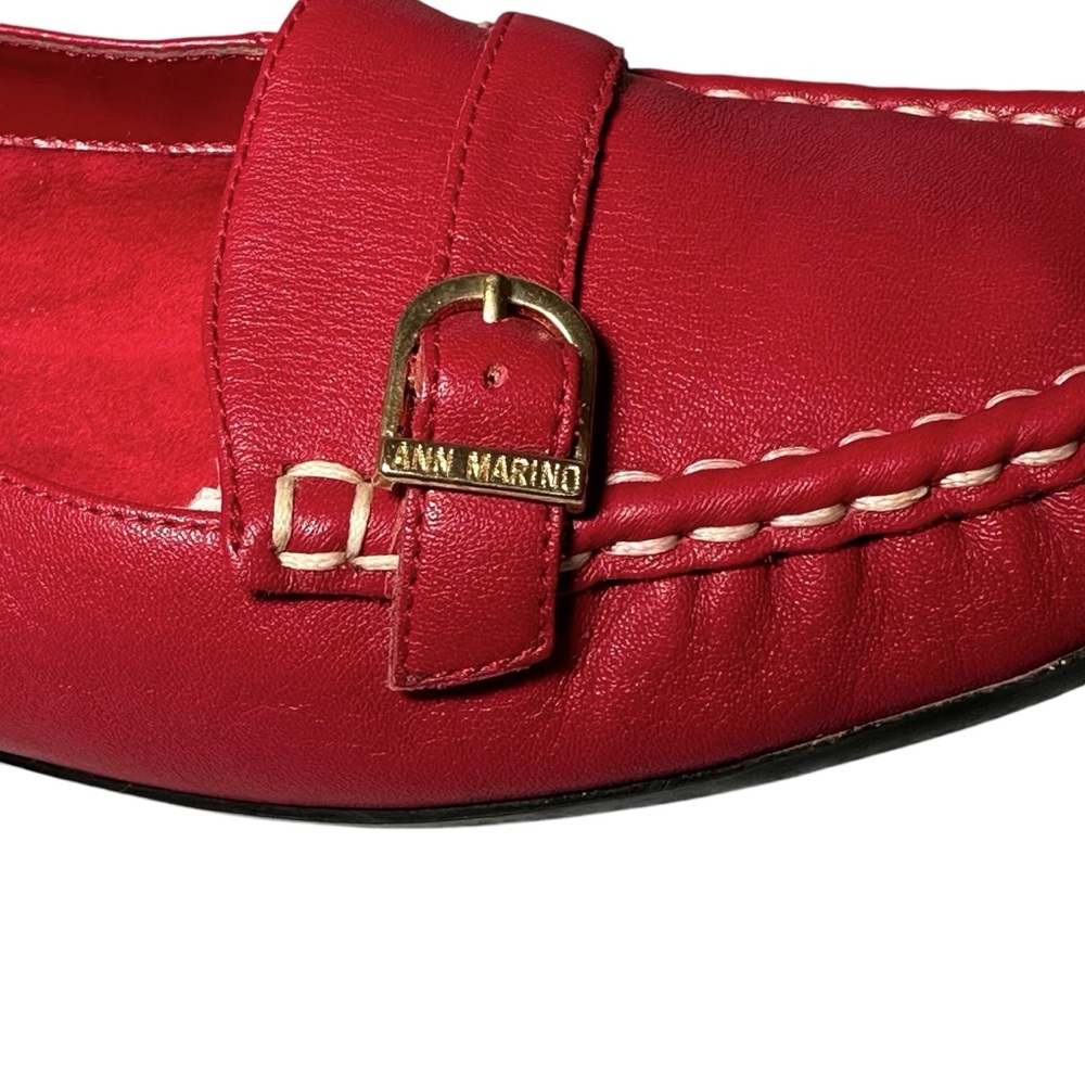 Ann Marino Red Leather Moccasin Loafers with Gold Buckle - Picture 5 of 11